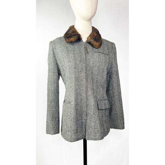 Lauren Ralph Lauren | Herringbone Silk Wool Jacket | Faux Fur Collar | Sz 6P - Picture 1 of 9